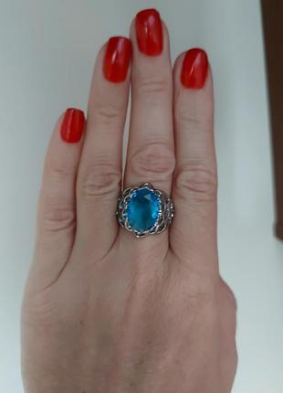 Кольцо посеребренное 20 (10)размер срелья 925 кольца веоикй размер голубой камень купить подарок покрытие серебро кольцо ажурное6 фото