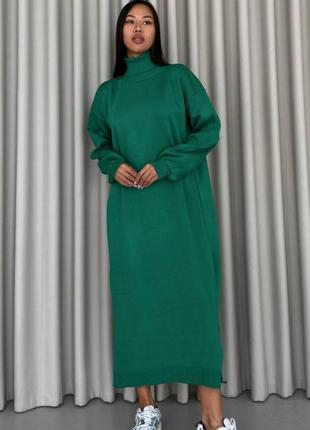 Платье водолазка оверсайз свободного фасона зеленая длинная воротник1 фото