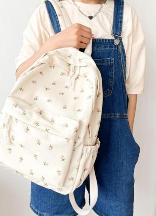 Школьный рюкзак в цветочек для девочки стильный красивый удобный вместительный бежевый (av317)6 фото