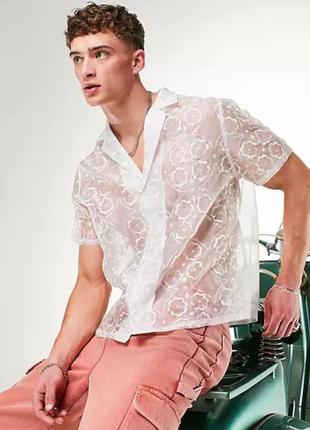 Рубашка мужская прозрачная с вышивкой asos белая4 фото