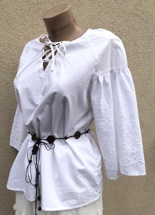 Белая,кружево-шитьё,блуза реглан,рубаха,воланы,этно бохо стиль,хлопок,индия8 фото