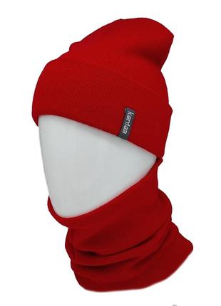 Вязаная шапка с buff снуд канта унисекс размер 50-60 красный (oc-095)