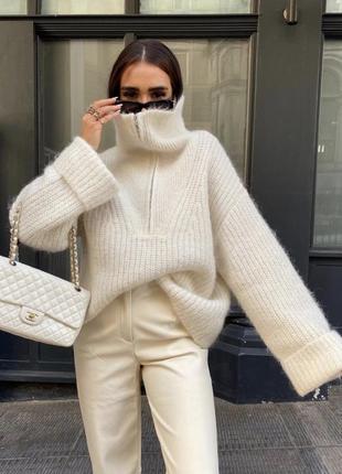 Молочный вязаный свитер шерстяной h&m premium quality. свитер на молнии шерсть альпака мохер.