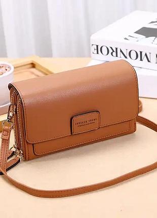 Стильная мини-сумка кошелек через плечо коричневая