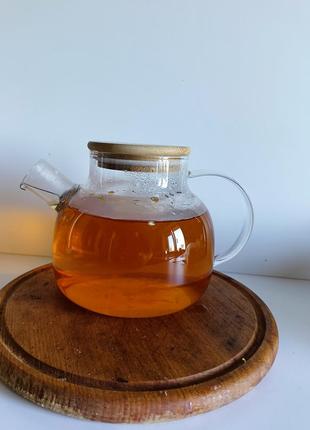 Стеклянный пузатый чайник с древесной крышкой 800 мл