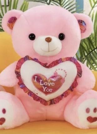 М'яка іграшка плюшевий ведмедик, що світиться 30 см рожевий