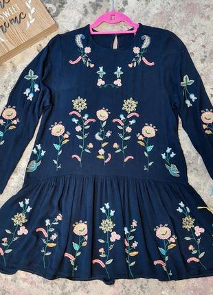 Темно-синяя вышиванка, туника вышитая benin style(размер 38)