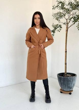 Женское пальто из кашемира осень весна карамель/кемл с поясом s, m, l, xl турция