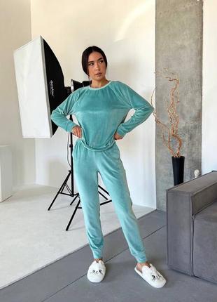 Піжама жіноча тепла велюрова осіння зимова на осінь зиму лілова рожева зелена фіолетова сіра синя батал штани кофта плюшева без капюшону демісезонна