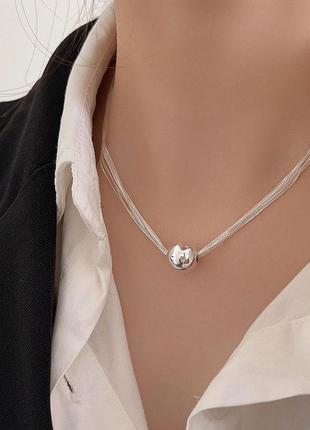 Кольє 925 "багаторядний снейк" з об'ємною кулею | скульптурний дизайн | гладка сфера | стиль minimalist