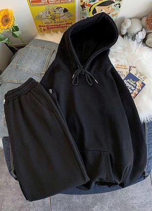 Женский черный базовый костюм (худые и брюки) модный однотонный худые на флисе и прямые брюки 20233 фото