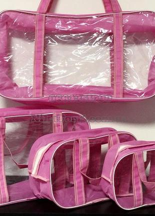 Комбинированная сумка в роддом из спанбонда и прозрачной пленки пвх, размер xl(65*35*30), цвет розовый3 фото