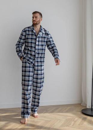 Байковый пижамный домашний костюм мужская пижама брюки рубашка в клетку1 фото