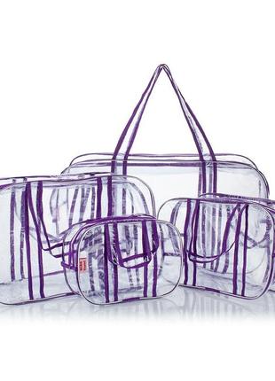 Набор прозрачных сумок (s, m, l, xl) с прозрачными ручками фиолетовый