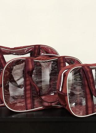 Набор прозрачных сумок в роддом (s, m, l)  nika torrі комбинированные пвх + спанбонд марсала2 фото