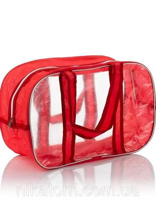 Комбинированная сумка в роддом из спанбонда и прозрачной пленки пвх, размер s(31*21*14), цвет красный1 фото