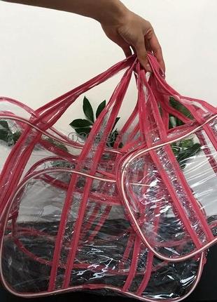 Набор прозрачных сумок в роддом с прозрачными ручками nika torri (s, m, l) розовый3 фото