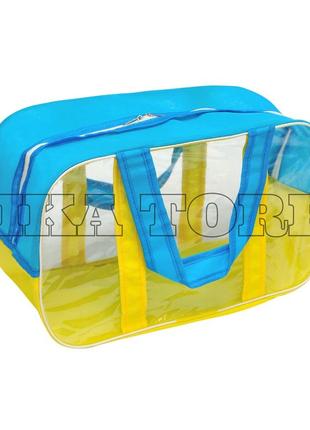 Комбинированная сумка в роддом из спанбонда и прозрачной пленки пвх, размер s(31*21*14), цвет желто-голубой1 фото