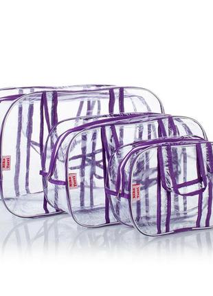 Набор прозрачных сумок в роддом с прозрачными ручками nika torri (s, m, l) фиолетовый2 фото
