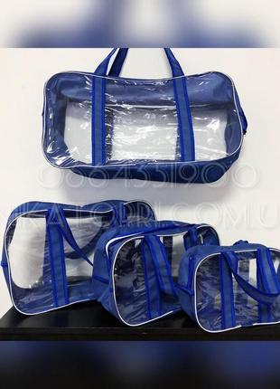 Комбинированная сумка в роддом из спанбонда и прозрачной пленки пвх, размер xl(65*35*30), цвет синий3 фото