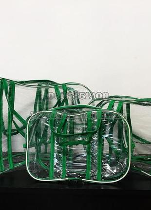 Набор прозрачных сумок (s, m, l, xl) с прозрачными ручками зелёный4 фото