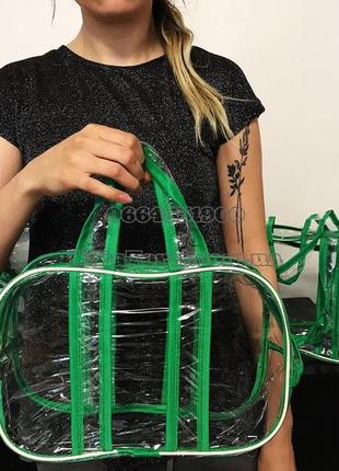 Набор прозрачных сумок (s, m, l, xl) с прозрачными ручками зелёный3 фото