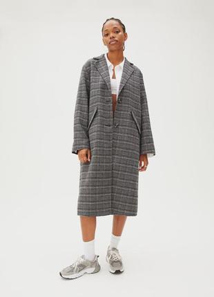 Пальто h&m темно-серое в клетку однобортное пальто длиной до икр из тканого полотна оверсайз