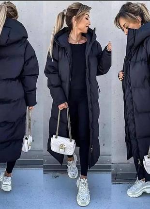 Теплая дутая удлиненная куртка пуховик с капюшоном и карманами хит 2023
