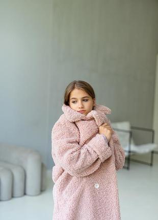 Шуба детская, подростковая, дизайнерская, утепленная, зимняя, теплая, фемели family look, розовая8 фото