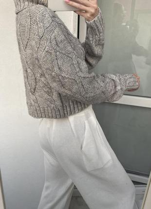 Теплый серый вязаный свитер косы крупная вязка с горлом4 фото