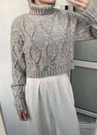 Теплый серый вязаный свитер косы крупная вязка с горлом5 фото