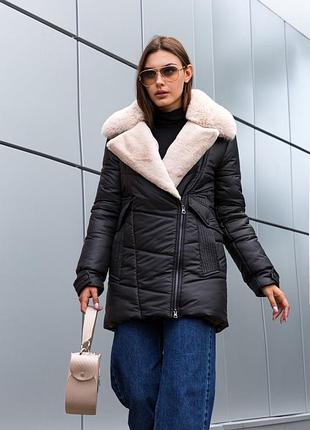 Удлиненная зимняя куртка с мехом отложной воротник стильная моделька утеплитель силикон