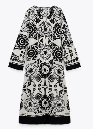 Zara платье 100% хлопок длинное натуральное черно белое aztec заднее платье качественная макси миди с длинным рукавом бохо этно стиль5 фото