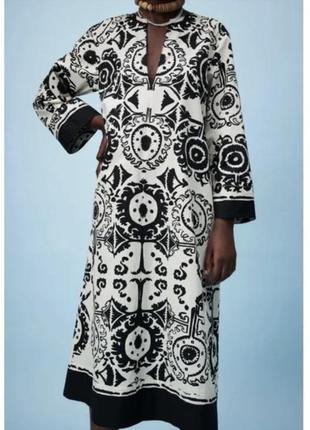 Zara платье 100% хлопок длинное натуральное черно белое aztec заднее платье качественная макси миди с длинным рукавом бохо этно стиль4 фото