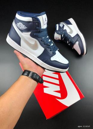 Чоловічі шкіряні кросівки nike air jordan 1 retro mid navy blue white / топові демісезоні спортивні кросівки для активного відпочинку