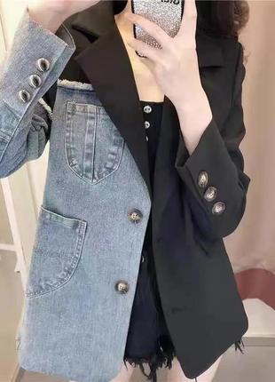 Женский крутой пиджак, джинсовый пиджак с длинным рукавом, комбинированный жакет1 фото