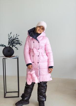 Куртка детская, подростковая, зимняя теплая, с капюшоном, дизайнерская, с поясом, розовая1 фото