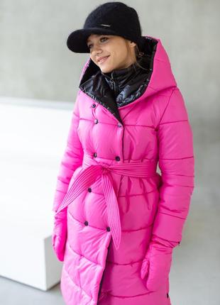 Куртка детская, подростковая, зимняя теплая, с капюшоном, дизайнерская, с поясом, малиновая черная1 фото