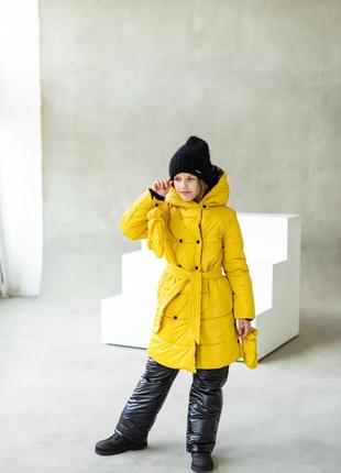 Куртка детская, подростковая, зимняя теплая, с капюшоном, дизайнерская, с поясом, желтая4 фото