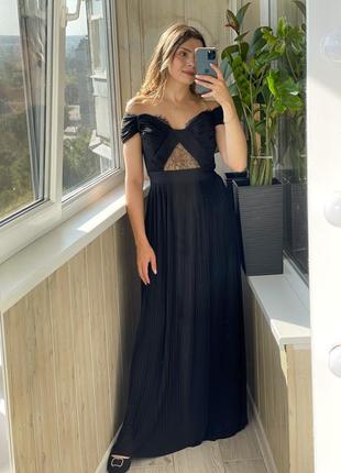 Шикарное вечернее плиссированное черное платье макси на плече 1+1=3