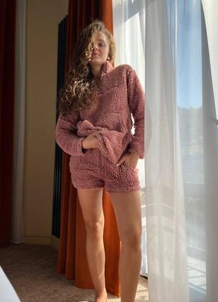 Пижама женская кофта и шорты тедди баранчик теплая принт 4 цвета5 фото