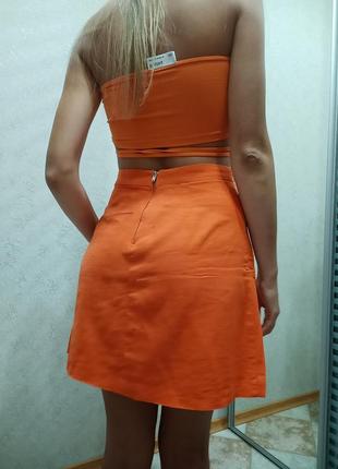 Оранжевая льняная юбка5 фото