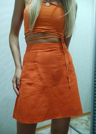 Оранжевая льняная юбка4 фото