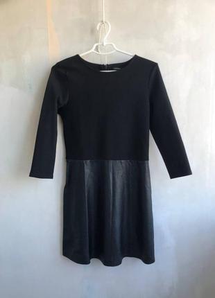 Черное платье классическое с эко кожей на осень тепла прямое обычное платье4 фото