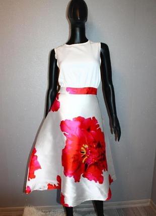 Шикарное эффектное нарядное белое с коралловым платье миди в винтажном стиле-л