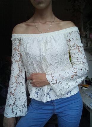 Белая блуза кружевом, кружевная блузка, ажурная блуза с открытыми плечами3 фото