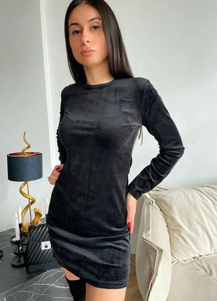 Сукня коротка велюрова однотонна на довгий рукав якісна стильна чорна смарагдова1 фото