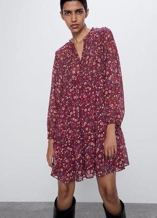 Вільний шифонова сукня в квітковий принт з довгими рукавами вільна сукня повітряне плаття до колін міні
