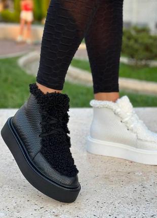 Черевики високі лофери з натуральної італійської шкіри та замші жіночі з хутром баркшком