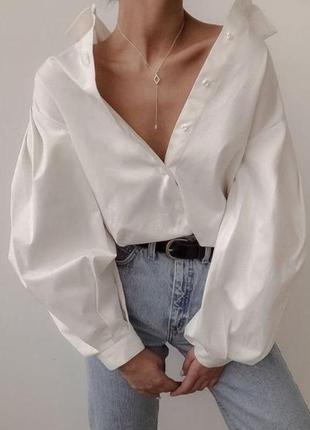 Белая рубашка оверсайз хлопковая рубашка с объемными рукавами блуза